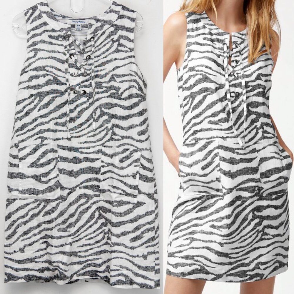 Tommy Bahama Zeb-Ra-Taunt Linen Shift Dress Sleeveless Black White Size Medium